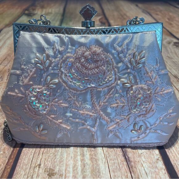 Pink embroidered sequin evening bag clutch handbag shoulder bag Preowned - Picture 6 of 10